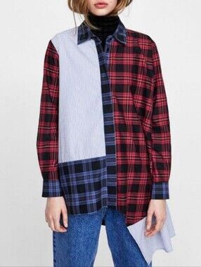 Zara 100% Cotton Patchwork Button Down Asymmetrical Hem Size M Grunge